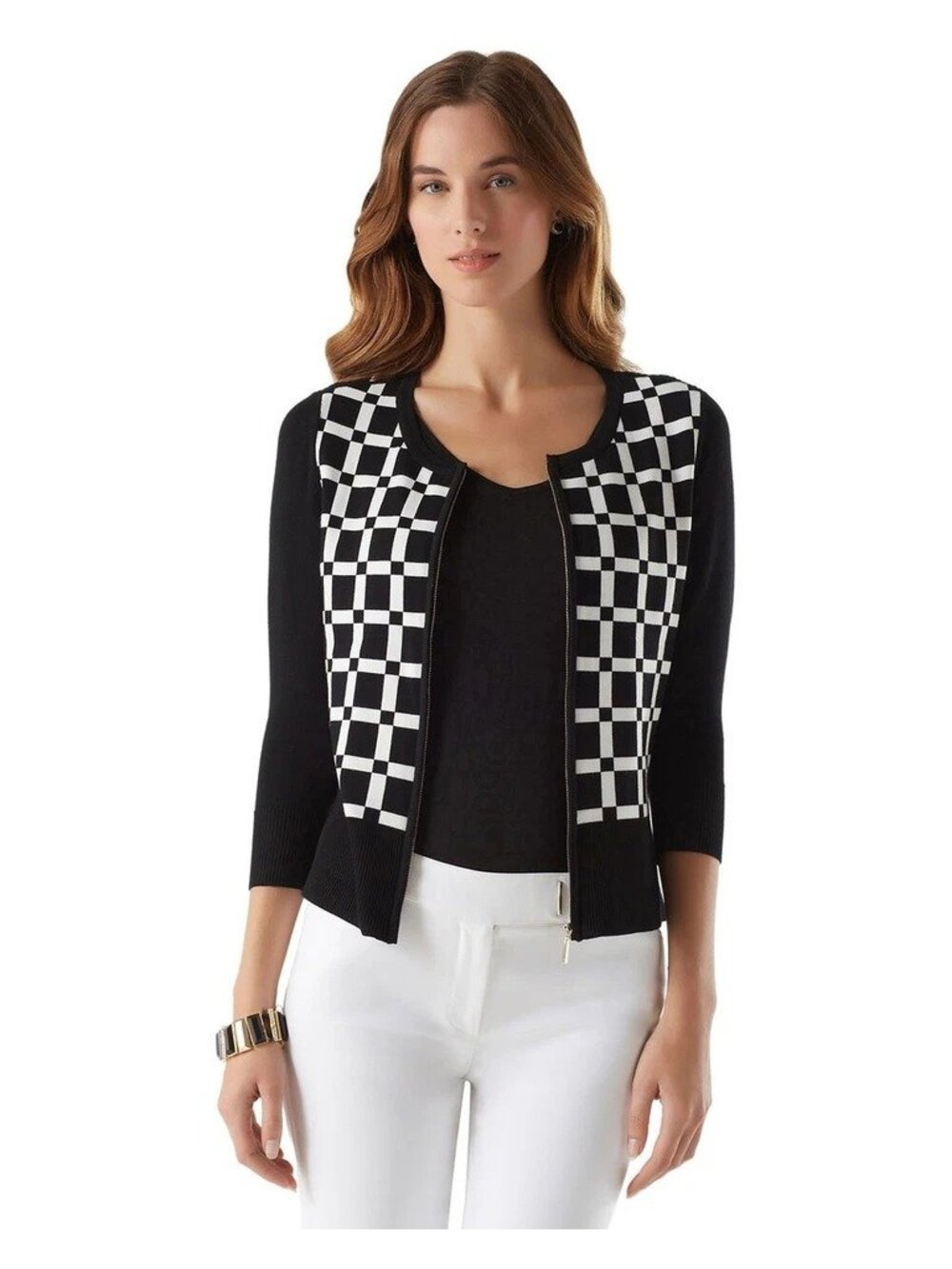White House Black Market Cardigan Sweater Size Small 3/4 Sleeves Check Full-Zip